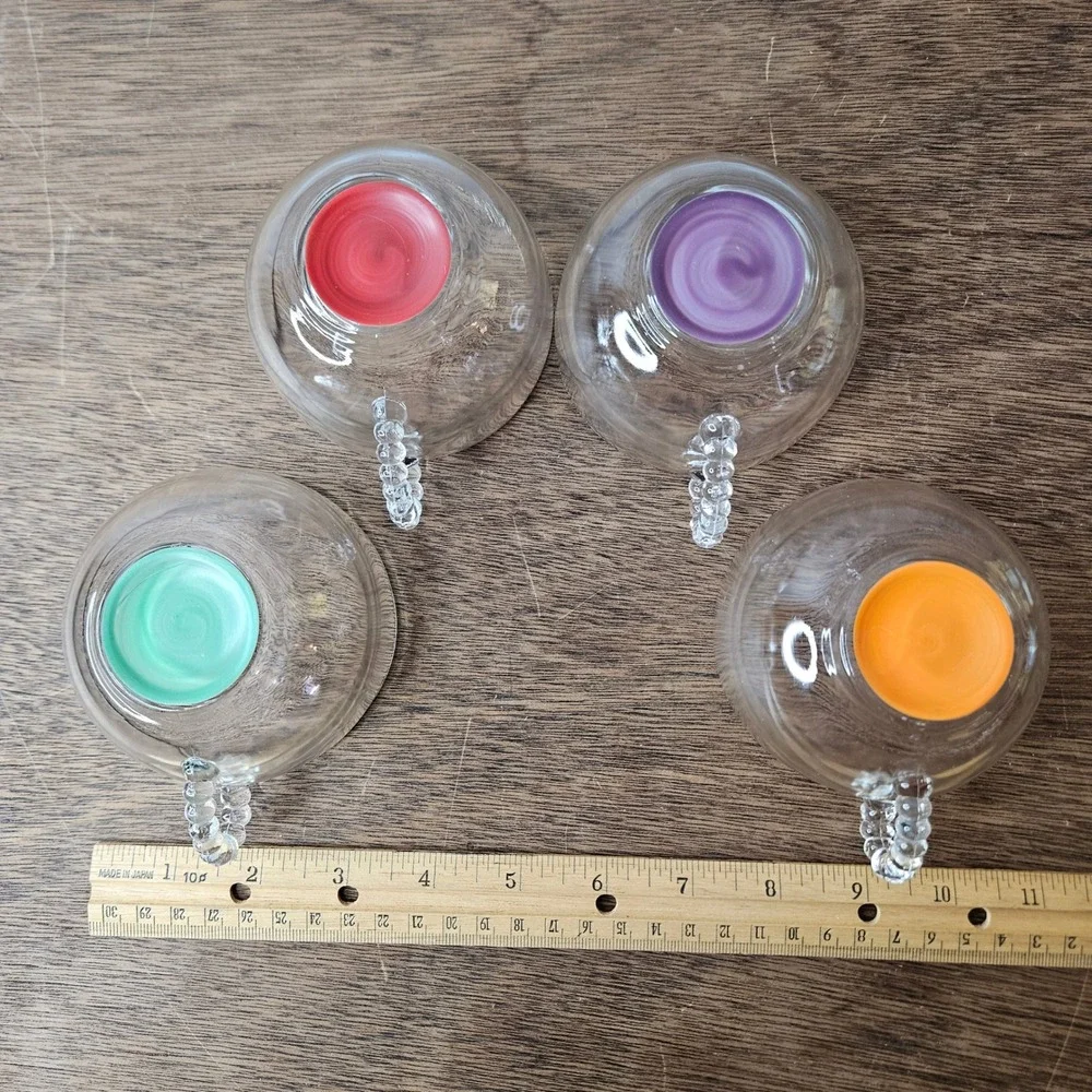 Set of 4 Hand Blown Glass Tea Cups Hobnail‎ Handles Multicolor Base Bohemian Vtg